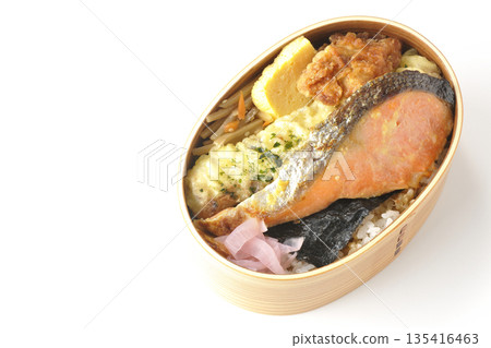 Chikuwa tempura, fried chicken, grilled salmon, and nori bento 135416463