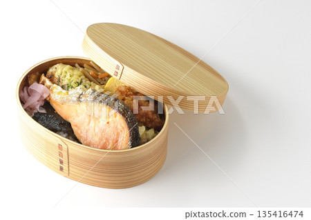Chikuwa tempura, fried chicken, grilled salmon, and nori bento Chikuwa tempura, fried chicken, grilled salmon, and nori bento 135416474
