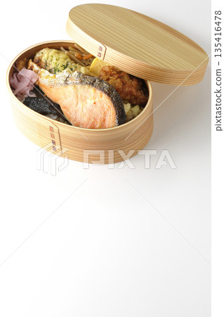 Chikuwa tempura, fried chicken, grilled salmon, and nori bento Chikuwa tempura, fried chicken, grilled salmon, and nori bento 135416478