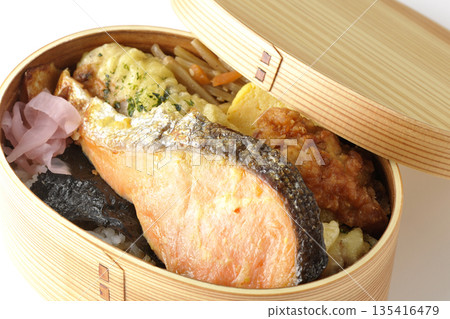 Chikuwa tempura, fried chicken, grilled salmon, and nori bento 135416479