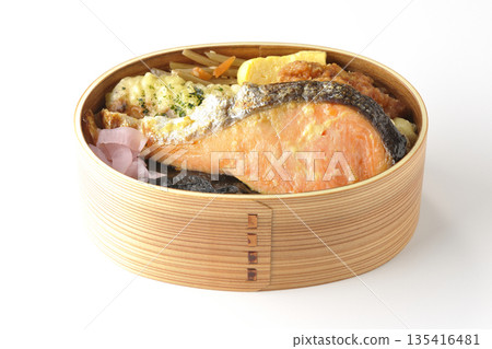 Chikuwa tempura, fried chicken, grilled salmon, and nori bento 135416481
