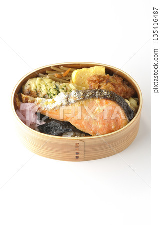Chikuwa tempura, fried chicken, grilled salmon, and nori bento 135416487