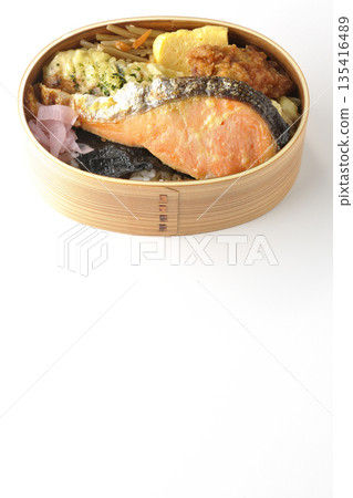 Chikuwa tempura, fried chicken, grilled salmon, and nori bento 135416489