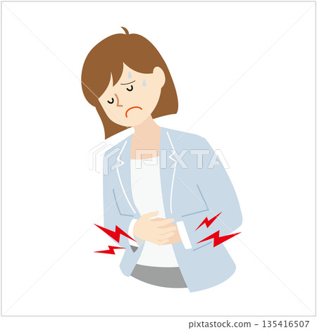 一張女性上班族因胃痛而發病的商業圖片 | 工作中健康狀況不佳的插圖 135416507
