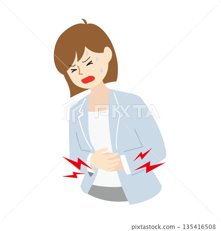 一張女性上班族因胃痛而發病的商業圖片 | 工作中健康狀況不佳的插圖 一張女性上班族因胃痛而發病的商業圖片 | 工作中健康狀況不佳的插圖 135416508