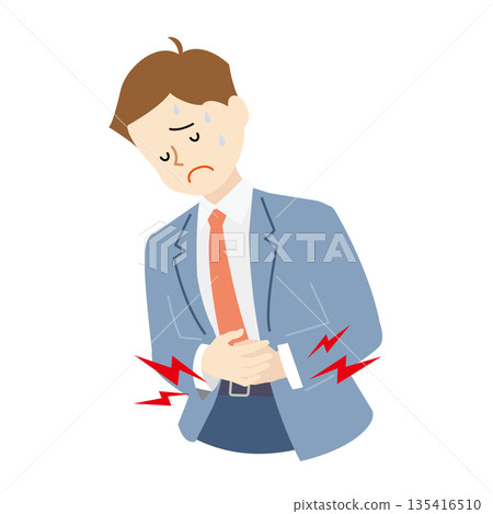 Business image of a male office worker suffering from stomach pain | Illustration of poor health at work Business image of a male office worker suffering from stomach pain | Illustration of poor health at work 135416510