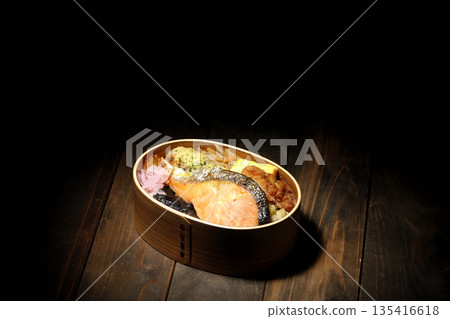 Chikuwa tempura, fried chicken, grilled salmon, and nori bento 135416618
