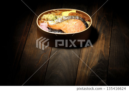 Chikuwa tempura, fried chicken, grilled salmon, and nori bento Chikuwa tempura, fried chicken, grilled salmon, and nori bento 135416624