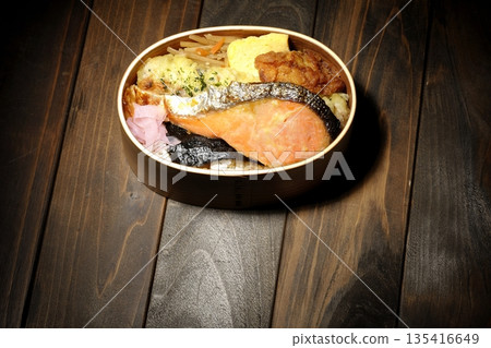 Chikuwa tempura, fried chicken, grilled salmon, and nori bento Chikuwa tempura, fried chicken, grilled salmon, and nori bento 135416649