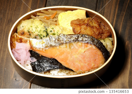 Chikuwa tempura, fried chicken, grilled salmon, and nori bento Chikuwa tempura, fried chicken, grilled salmon, and nori bento 135416653
