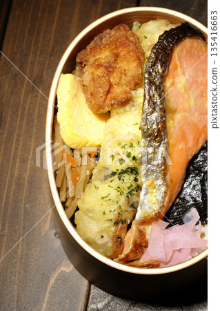 Chikuwa tempura, fried chicken, grilled salmon, and nori bento Chikuwa tempura, fried chicken, grilled salmon, and nori bento 135416663