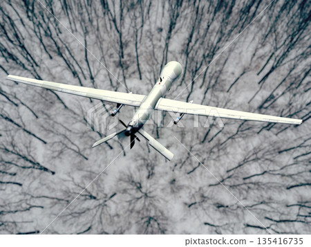 Unmanned military aerial vehicle performing surveillance over forest territory during winter season. 135416735