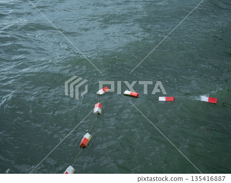 Red and white buoy line floating on green water. Water safety and boundary marker for marine navigation, warning people. Red and white buoy line floating on green water. Water safety and boundary marker for marine navigation, warning people. 135416887