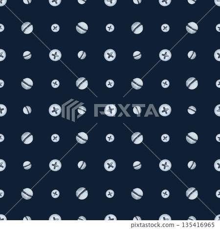 Seamless pattern with metal heads of screws and bolts on a dark blue background. Watercolor illustration of working tools in natural colors. Realistic repeating pattern for packaging and decoration of 135416965