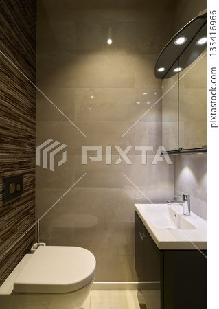 Compact contemporary bathroom with wallmounted toilet and floating vanity Compact contemporary bathroom with wallmounted toilet and floating vanity 135416966
