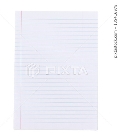White lined paper sheet with red margin on white White lined paper sheet with red margin on white 135416978
