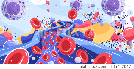 Red blood cells bloodstream virus bacteria pathogen infection flowing through vessel microscopic anatomy medical diagram abstract colorful background 135417047