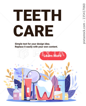 Teeth care dental hygiene products toothbrush toothpaste tooth anatomy magnifier healthy gums oral health concept colorful background website banner Teeth care dental hygiene products toothbrush toothpaste tooth anatomy magnifier healthy gums oral health concept colorful background website banner 135417060