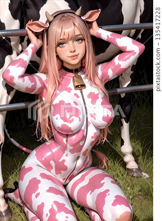 穿著粉紅色乳牛圖案連身衣的可愛女孩 135417228