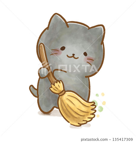 可愛的黑貓水彩插畫，描繪了一隻打掃/家務/日常生活的場景 135417309