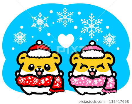 塗鴉風格的可愛倉鼠插畫，穿著冬季服裝。 135417668