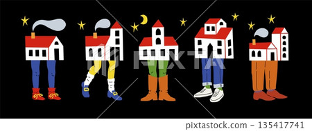 Tiny home. Trendy residential building on legs. Roof brick and window for village. Abstract construction in pants. Surreal architecture. Cartoon houses with feet. Vector cartoon icons set 135417741