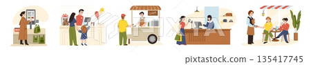 Shop cashier. Grocery store counter. Cash payment in supermarket. People pay in cafe. Person register or checkout. Shopping app. Waiter taking order in restaurant. Vector concepts set Shop cashier. Grocery store counter. Cash payment in supermarket. People pay in cafe. Person register or checkout. Shopping app. Waiter taking order in restaurant. Vector concepts set 135417745
