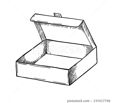 Box sketch. Empty container with lid. Hand drawn package. Storage cardboard pack. Packaging for delivery. Present wrapper. Opened carton crate. Parcel shipping. Vector outline element 135417746