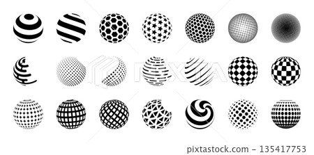 3D sphere. Halftone ball logo. Globe star pattern. Tech pixel icons. Geometric abstract shapes. Orb texture. Black and white concentric circles. Checkered form. Vector round symbols set 135417753
