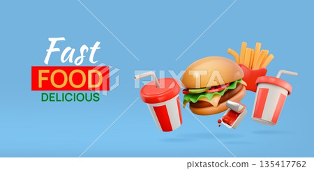 3d fast food. Soda drink, snack or coffee in restaurant, ice cocktail and potato chips. Takeaway burger or cheeseburger. Flying cup in cooking menu. Vector render isolated elements 135417762