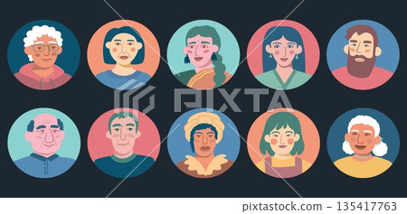 Avatars. Woman people face in colorful circle, man student character or cute boy smile person, human male user portrait, head in round form. Vector cartoon flat isolated user profile set 135417763