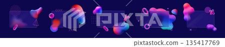 Glass shapes. 3d neon card as transparent ui morphism rectangle, square liquid element with gradient blur, glassmorphism graphic design. Empty planes with copy space. Vector abstract mockup 135417769