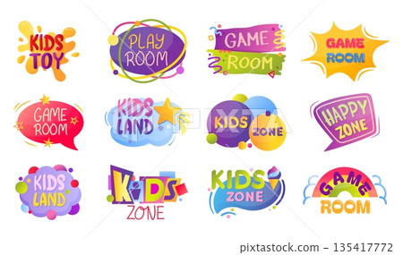 Kid party logo. Game zone label, children play banner or child sport sign. School text poster, fun bubble blot. Bright colorful design for playroom. Vector promotion playground illustration Kid party logo. Game zone label, children play banner or child sport sign. School text poster, fun bubble blot. Bright colorful design for playroom. Vector promotion playground illustration 135417772