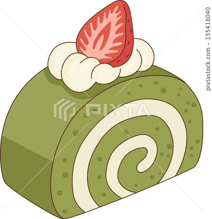 Illustration of a Matcha Green Tea Roll Cake with Whipped Cream and Strawberry for Bakery and Cafe Dessert Menu 135418040