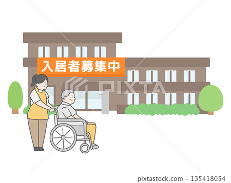 Illustration of a nursing home building with a sign advertising the recruitment of residents (illustrations of a female caregiver and an elderly man) 135418054