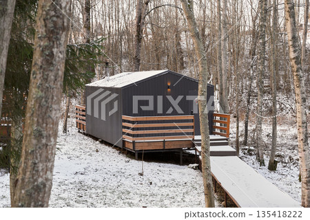 Stylish stilted lodge with wood accents in forest environment Stylish stilted lodge with wood accents in forest environment 135418222