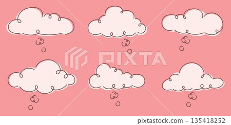 Cloud thought bubbles set on soft pink background, whimsical illustration for dreams and ideas, playful doodle style clouds collection creating calm mood for nursery and creative design use Cloud thought bubbles set on soft pink background, whimsical illustration for dreams and ideas, playful doodle style clouds collection creating calm mood for nursery and creative design use 135418252
