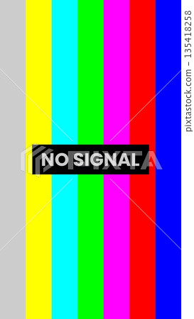 Vertical no signal television screen with classic color bars and warning message, retro broadcast test pattern illustration showing signal loss, media interruption and technical failure Vertical no signal television screen with classic color bars and warning message, retro broadcast test pattern illustration showing signal loss, media interruption and technical failure 135418258
