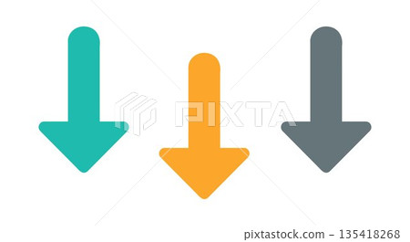 Minimal colorful downward arrows illustration set with rounded shapes in teal orange and gray, modern flat direction icons for navigation design, user interface graphics, infographic elements Minimal colorful downward arrows illustration set with rounded shapes in teal orange and gray, modern flat direction icons for navigation design, user interface graphics, infographic elements 135418268