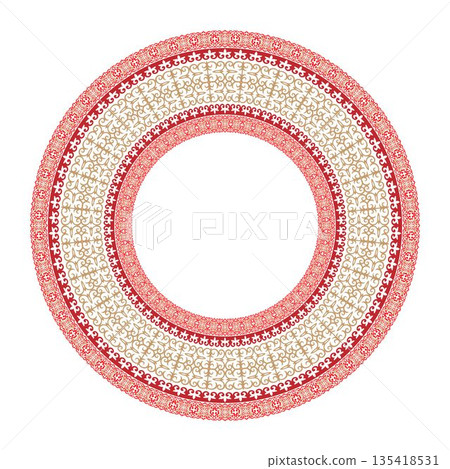 Round Red Gold frame. Ornamental elements, motifs of Kazakh, Kyrgyz, Uzbek. Round frame. Turkic ornaments. For ceramic, textile, print design, embroidery, sandblaster. Mediterranean ceramic, 135418531