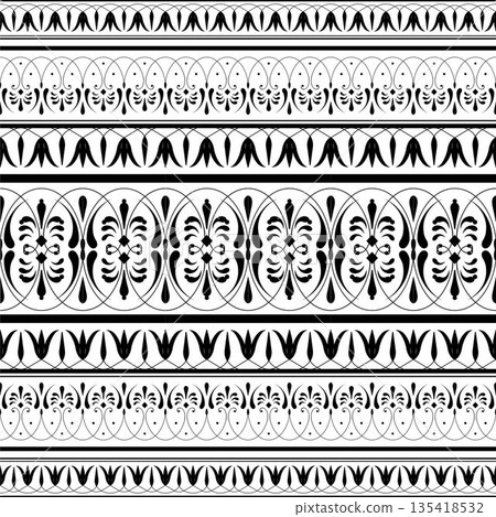 Monochrome floral european seamless pattern arabesque. Design evokes sense of traditional art, reminiscent of fine china Delftware, earthenware, ceramic. Typical egyptian, assyrian, greek motive Monochrome floral european seamless pattern arabesque. Design evokes sense of traditional art, reminiscent of fine china Delftware, earthenware, ceramic. Typical egyptian, assyrian, greek motive 135418532