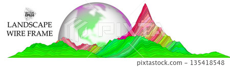 Colored landscape with contour mountains and translucent globe dome in the background. Style: vector graphics, scientific illustration, geometric minimalism. Colored landscape with contour mountains and translucent globe dome in the background. Style: vector graphics, scientific illustration, geometric minimalism. 135418548