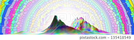 Abstract, colorful landscape with hexagonal patterns covering the surface and two prominent peaks. A pastel mosaic-like dome in the background creates a vibrant and surreal atmosphere. Abstract, colorful landscape with hexagonal patterns covering the surface and two prominent peaks. A pastel mosaic-like dome in the background creates a vibrant and surreal atmosphere. 135418549