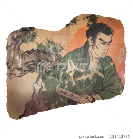 A torn piece of paper with an image of a Japanese samurai 135418725