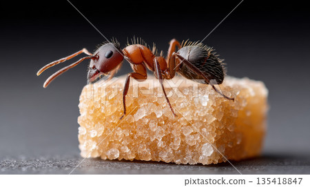 Close up of ant on sugar cube, showcasing its detailed body structure and texture against dark background 135418847