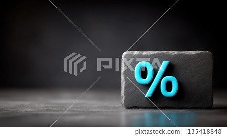 Glowing blue percentage symbol on dark stone block against blurred dark background, symbolizing finance or discounts 135418848