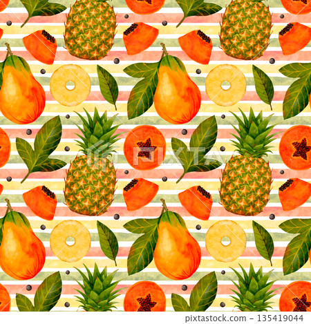 Colorful Tropical Design, Colorful Watercolor Depiction Of Tropical Fruits With Leaves And Seeds 135419044