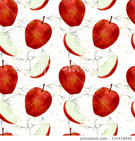 Expressive Watercolor Portrayal Of Vibrant Apples And Slices With Rich Textures And Warm Hues 135419048