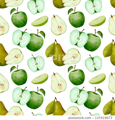 Beautifully Painted Watercolor Slices Of Green Apples Representing Freshness And Natural Wellness 135419073