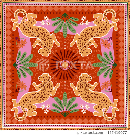 Tropical tile, scarf, square seamless pattern with jungle flower, leopard geometric ornament. Vector summer print Tropical tile, scarf, square seamless pattern with jungle flower, leopard geometric ornament. Vector summer print 135419077